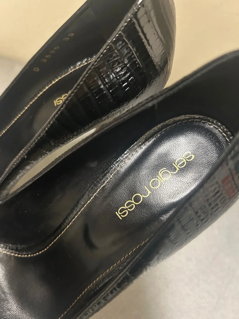 Sergio Rossi Black Patent Croc-Embossed Peep-Toe Heels